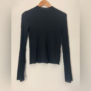 Adrianna Papell Black Textured Crinkled Lettuce Sleeve Smocked Neck Knit Top